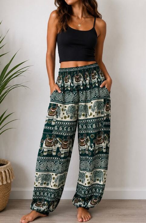 no brand Pants - Boho Elephant Print Wide-Leg Pants in Green